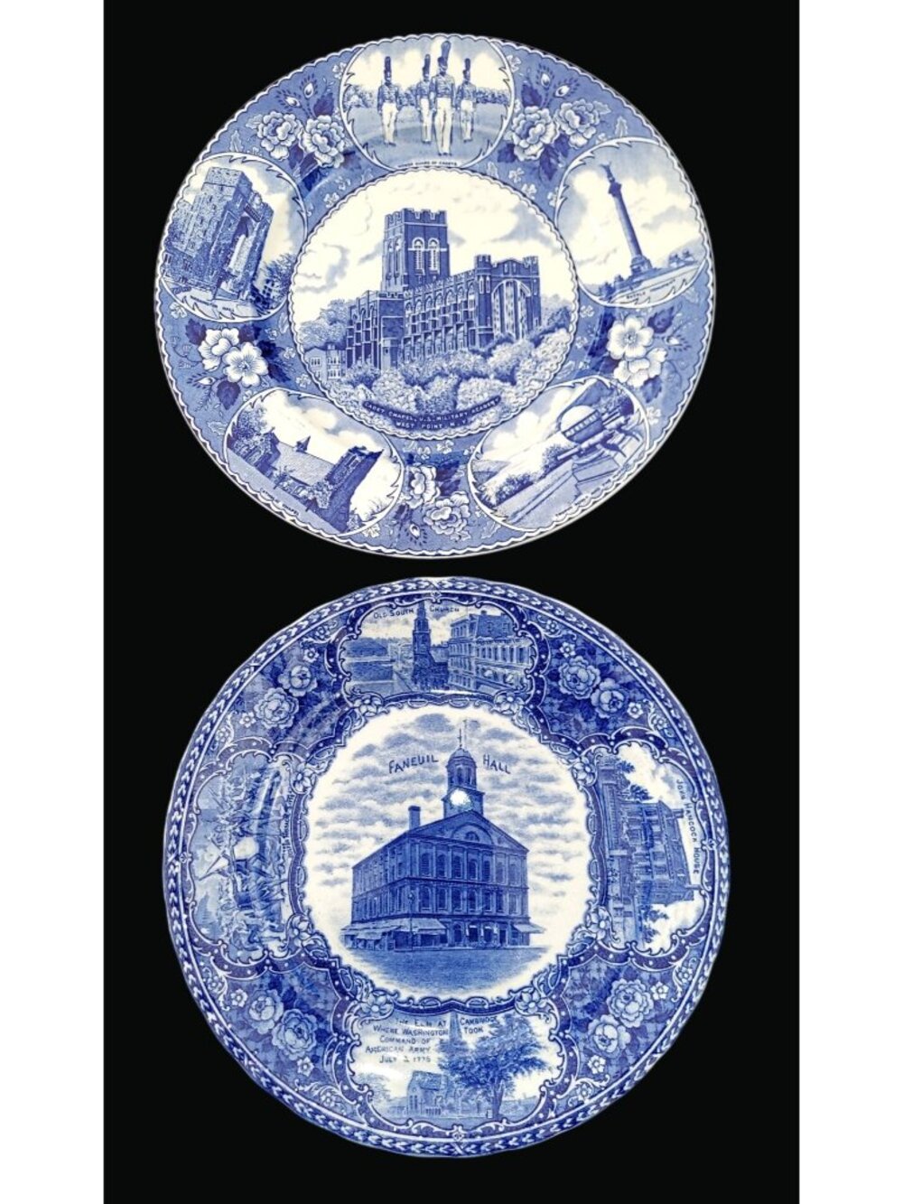 Vintage Blue & White Transferware Plates Featuring Faneuil Hall & West Point